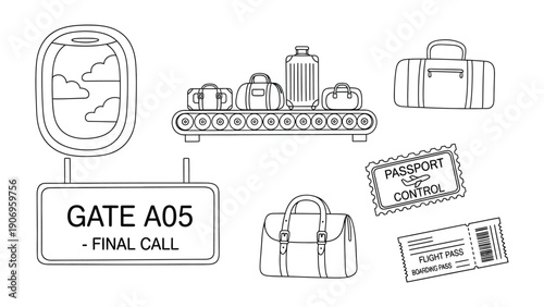 Travel Essentials: An assortment of travel-related icons, including a plane window view, luggage on a conveyor belt, a boarding pass, and a passport stamp. A visual journey, ready to take you places.