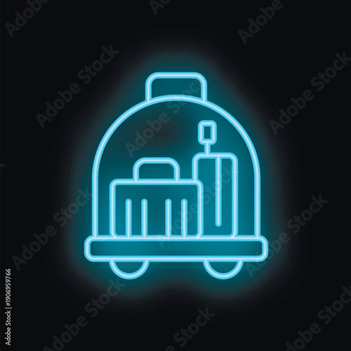 Blue neon icon of a hotel luggage cart shining on a dark background