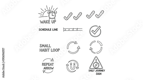 Daily Routine Icons: A collection of simple, black and white line icons representing various elements of a daily schedule and habit tracking.