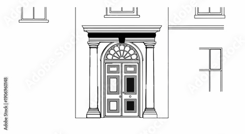 Ornate arched doorway with pilasters and fanlight, flanked by windows