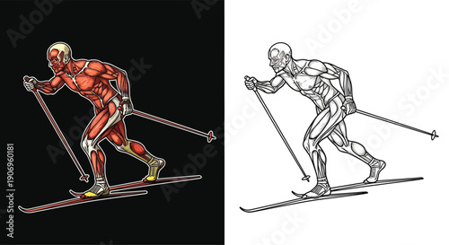Illustration of a skier in action with red and wireframe styles.