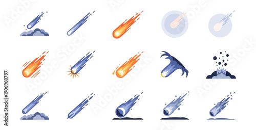Meteorite and comet illustrations on black background