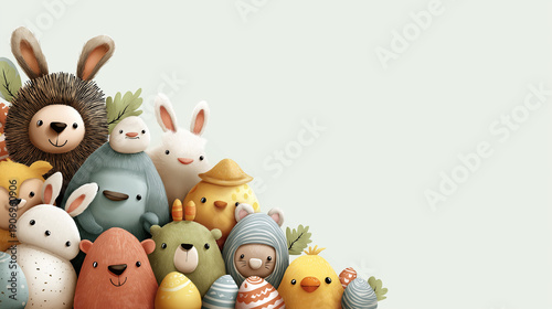 Adorable pastel Easter bunnies and chicks with eggs decorative border