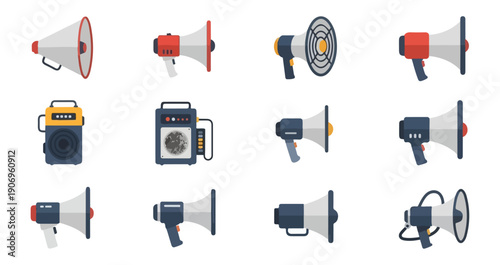 Set of megaphones and speakers vector illustrations for communication