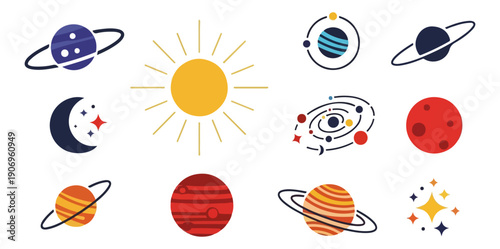 Solar system graphic elements on black background