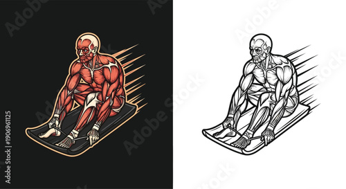Dynamic illustration of a muscular man sledding down a slope.