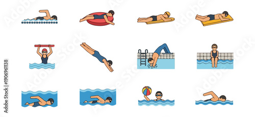 Swimming pool icons set recreational activities illustration