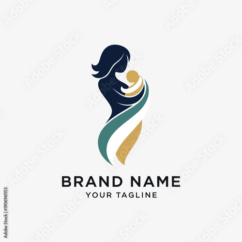 Mother Holding Baby Silhouette Logo Design.