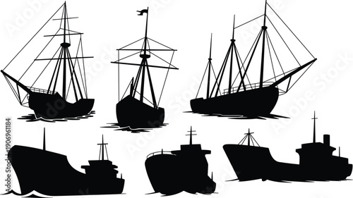 Ship silhouettes vector set, sailing vessels and cargo boats collection, black maritime transportation icons, vintage nautical illustration bundle design elements