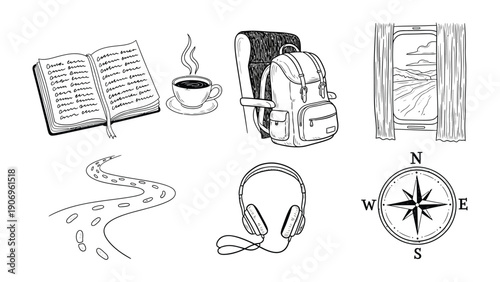 Travel Essentials: A curated illustration set of travel essentials, perfect for travel-themed projects. Capturing the essence of wanderlust and adventure.