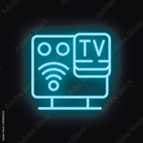 Blue neon icon of a smart tv showing a wifi symbol and a tv entertainment app