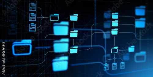 Foto Glowing digital folders and documents in a virtual file structure interface on a