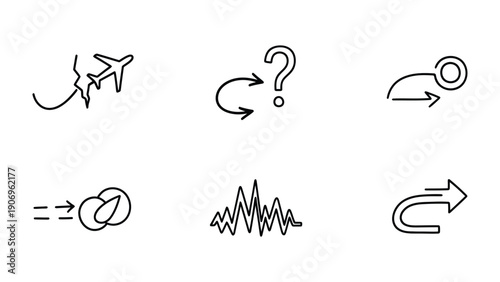 Set of Minimalist Icon: a cohesive set of line art icons, each telling a distinct visual story using simple elements like arrows, circles and wavy lines. These icons are the epitome of minimalism.
