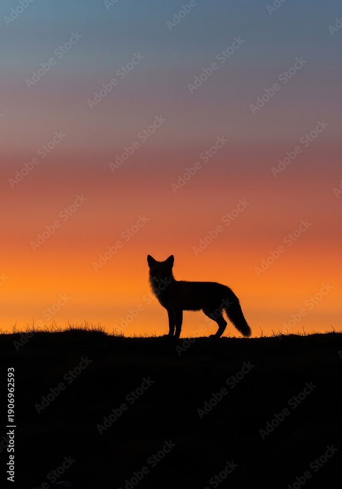 Naklejka premium A nocturnal fox silhouette standing alertly on a ridge against a vibrant gradient sky during the late evening hours of twilight ,horizon ,landscape ,dark