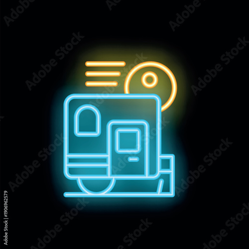 Neon sign representing a camper van moving under the sun, symbolizing travel, adventure, and freedom