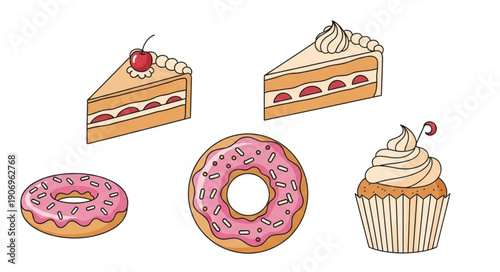 Delicious assortment of sweet baked goods including cakes donuts and cupcakes.