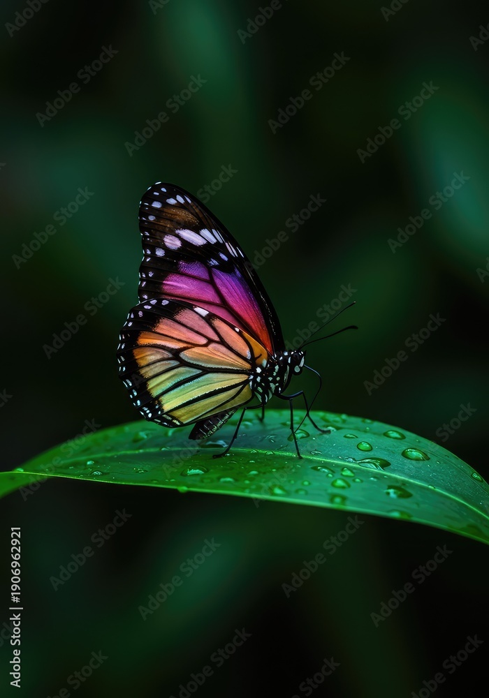 Naklejka premium A stunning monarch butterfly with iridescent wings shimmering in all colors of the spectrum, resting gently on a vibrant green leaf ,flight ,butterfly ,summer