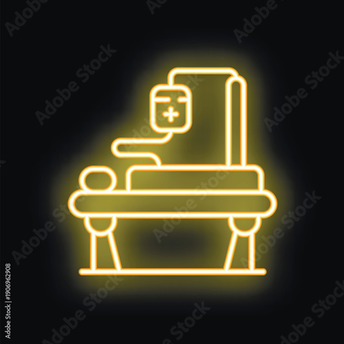 Bright yellow neon icon of a hospital bed with an iv drip, symbolizing medical care and treatment