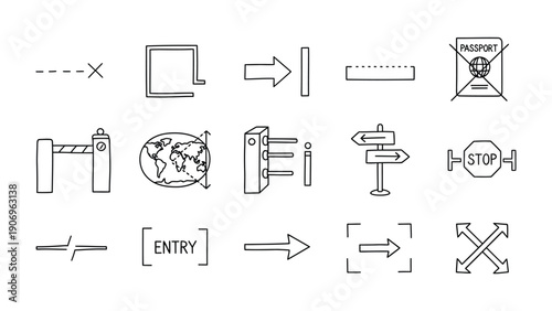 Journey's Compass: A collection of simple, black and white line icons representing various travel-related symbols, ready to guide viewers across borders and into new experiences.