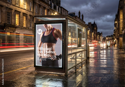 Billboard Bus Shelter In European City at Night Mockup