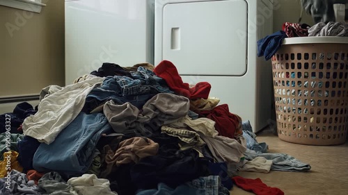Piling Laundry: Clothes Spill, Basket Appears, Hand Reaches.