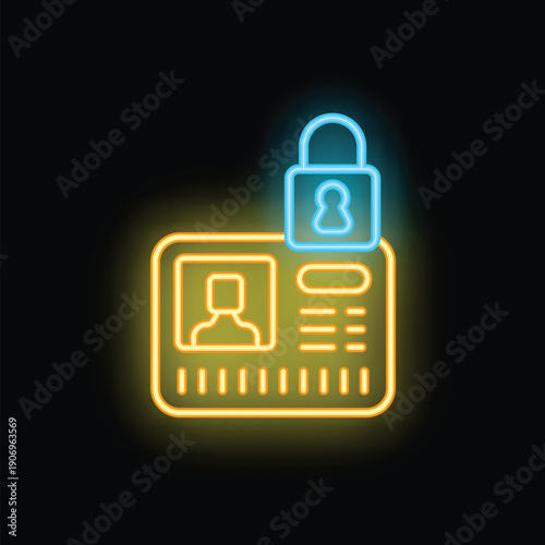 Neon icon of an identification card with a lock, representing access control and security measures