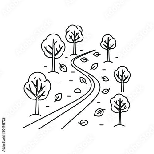 Autumn Path Lined with Trees and Falling Leaves