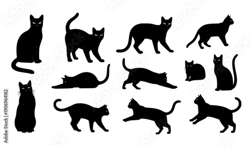 Black cat vector clipart set of cute feline silhouettes isolated on transparent background