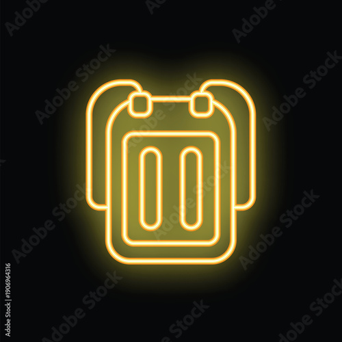 Yellow glowing neon icon of a backpack, isolated on a black background