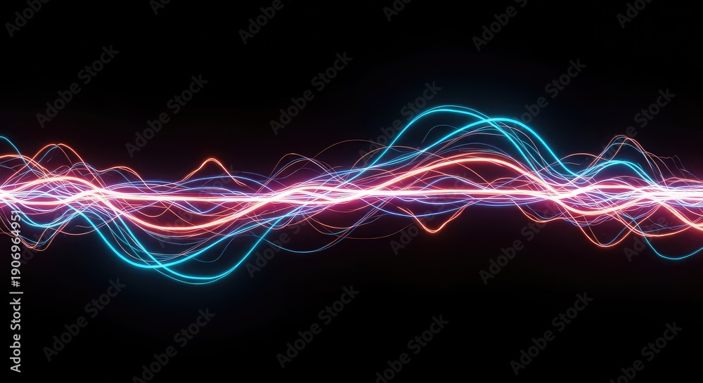 Fototapeta premium Dynamic digital abstract background showing flowing electric light trails creating a rhythmic pulse and high energy wave patterns ,neon ,line ,electric
