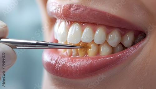 A close-up of a person's teeth being examined by a dental professional