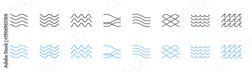 Water wave icons set. Sea wave. Thin line. Blue and black wave.