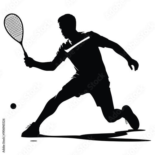 Male Squash Player Silhouette Lunging to Hit Ball - High Contrast Action Sports Vector Illustration for Competition and Fitness Graphics