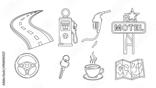 Road Trip Essentials: A captivating illustration showcases iconic symbols of a road trip. the image brings the spirit of journey and adventure to life.