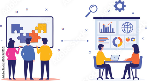Business team collaboration on puzzle strategy and data analysis