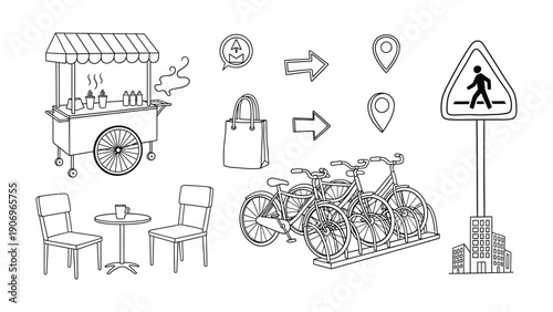 Urban Amenities: An illustration presents a curated collection of urban amenities, including a hot dog cart, bike rack, directional arrows, location pins, cafe, crosswalk sign.