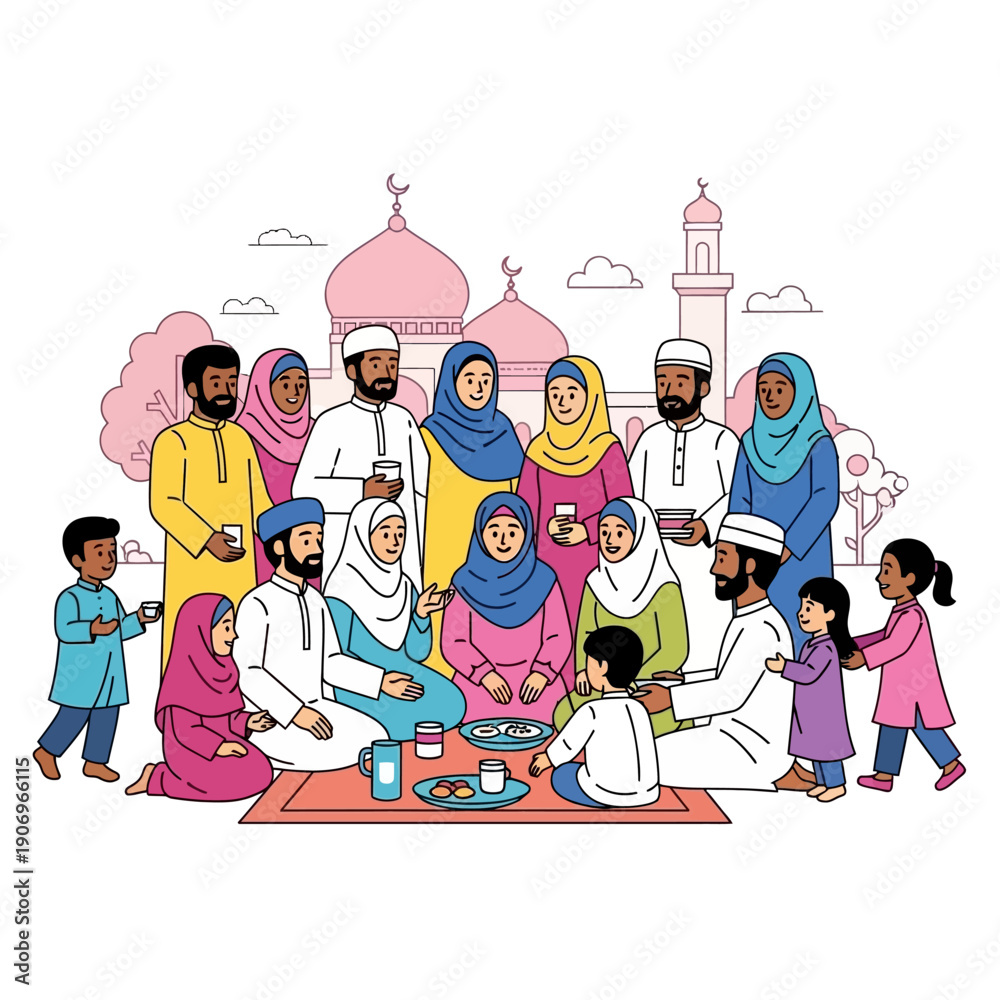 Obraz premium Family Gathering during Cultural Celebration outdoors Mosque Background Illustration
