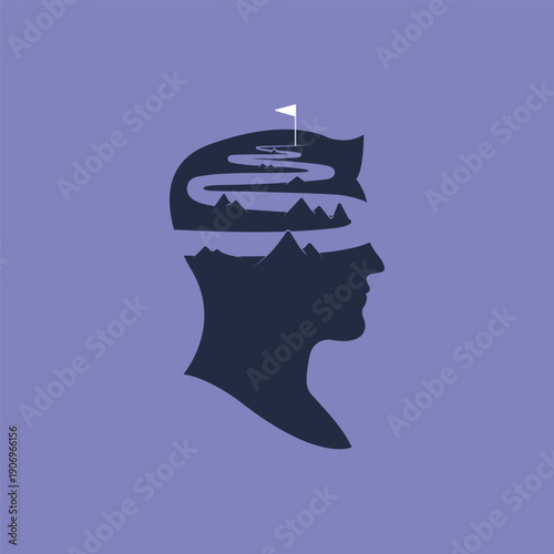 Mental health goal achievement and psychology success. Head silhouette with flag at the end of the path.
