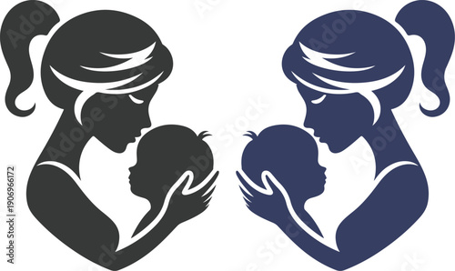 Mother and baby icon set collection with maternity silhouettes, parenting love symbols, pregnancy, childcare, family care moments isolated on white background vector.