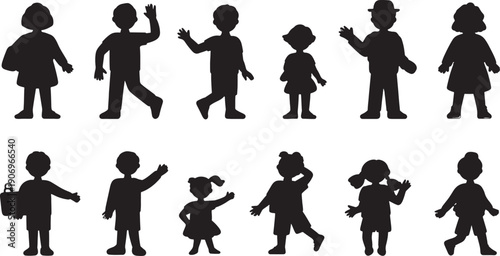 Array of diverse child silhouettes presents multiple small figures waving and standing suggesting greetings and a representation of young population elements for design use.