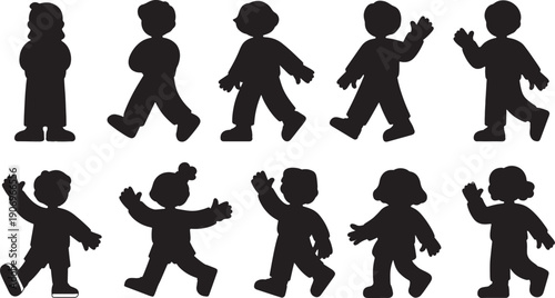 Group of walking children silhouettes shows small figures moving forward together demonstrating playful childhood movement and interaction in a simple graphic format.
