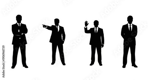 Four businessmen silhouettes in different poses on white background.
