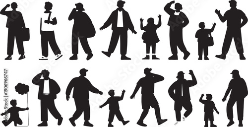 Silhouetted individuals representing a diverse crowd stand and move showing various active postures suitable for representing public activity or population statistics.
