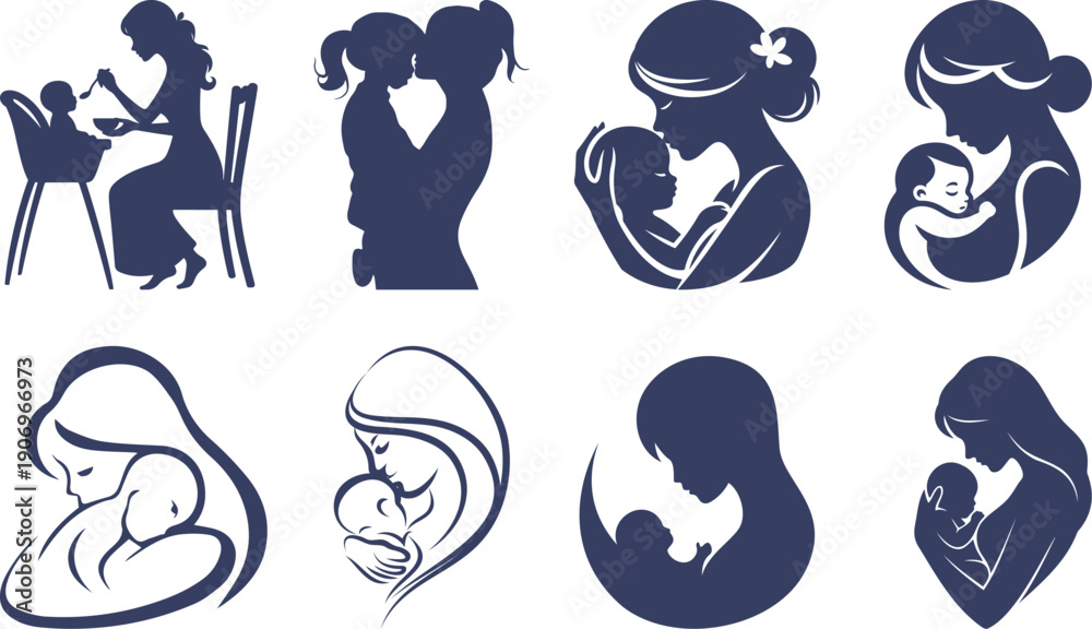 Fototapeta premium Mother and baby icon set collection with maternity silhouettes, parenting love symbols, pregnancy, childcare, family care moments isolated on white background vector.