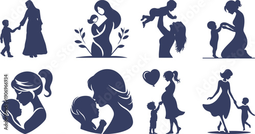 Mother and baby icon set collection with maternity silhouettes, parenting love symbols, pregnancy, childcare, family care moments isolated on white background vector.