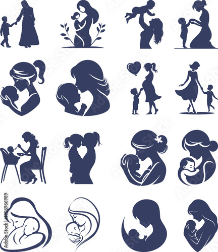 Mother and baby icon set collection with maternity silhouettes, parenting love symbols, pregnancy, childcare, family care moments isolated on white background vector.
