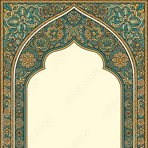 Ornate archway with intricate floral patterns and geometric designs in a traditional Islamic style