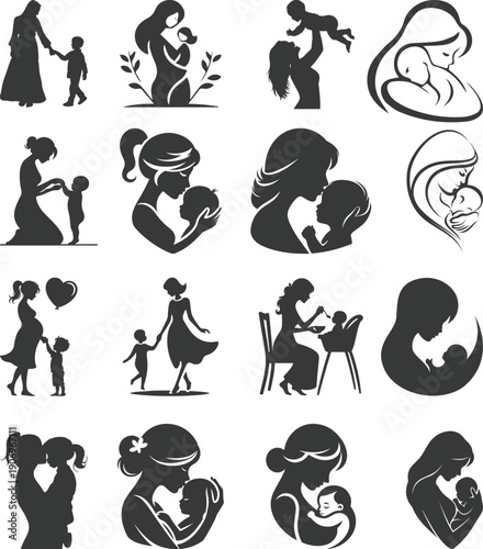 Mother and baby icon set collection with maternity silhouettes, parenting love symbols, pregnancy, childcare, family care moments isolated on white background vector.