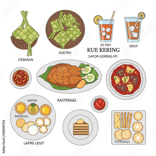 Assorted traditional Southeast Asian desserts and drinks on plates and glasses