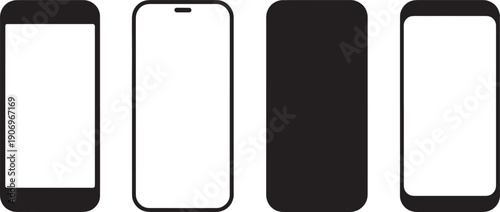 Four sleek mobile phone silhouettes and outlines feature blank white screens ready for graphic insertion, showing diverse aspect ratios and notch placements.